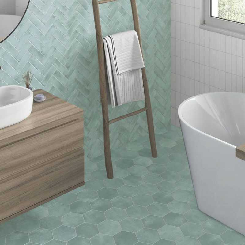 Cerámicas verde Hexagonales Baño-Denia Sky-Azulejos Hexagonales-Mis Azulejos 